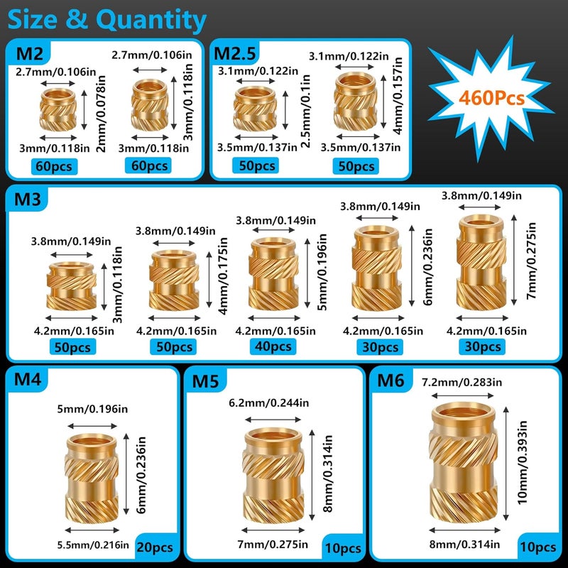 FFVRVSS 460+7Pcs M2 M2.5 M3 M4 M5 M6 Premium Brass Threaded Inserts, Metric Brass Knurled Nuts Assortment Kit, with Heat Set Insert Tool, for Plastic and 3D Printing Components, All-in-one Solutions - Image 2